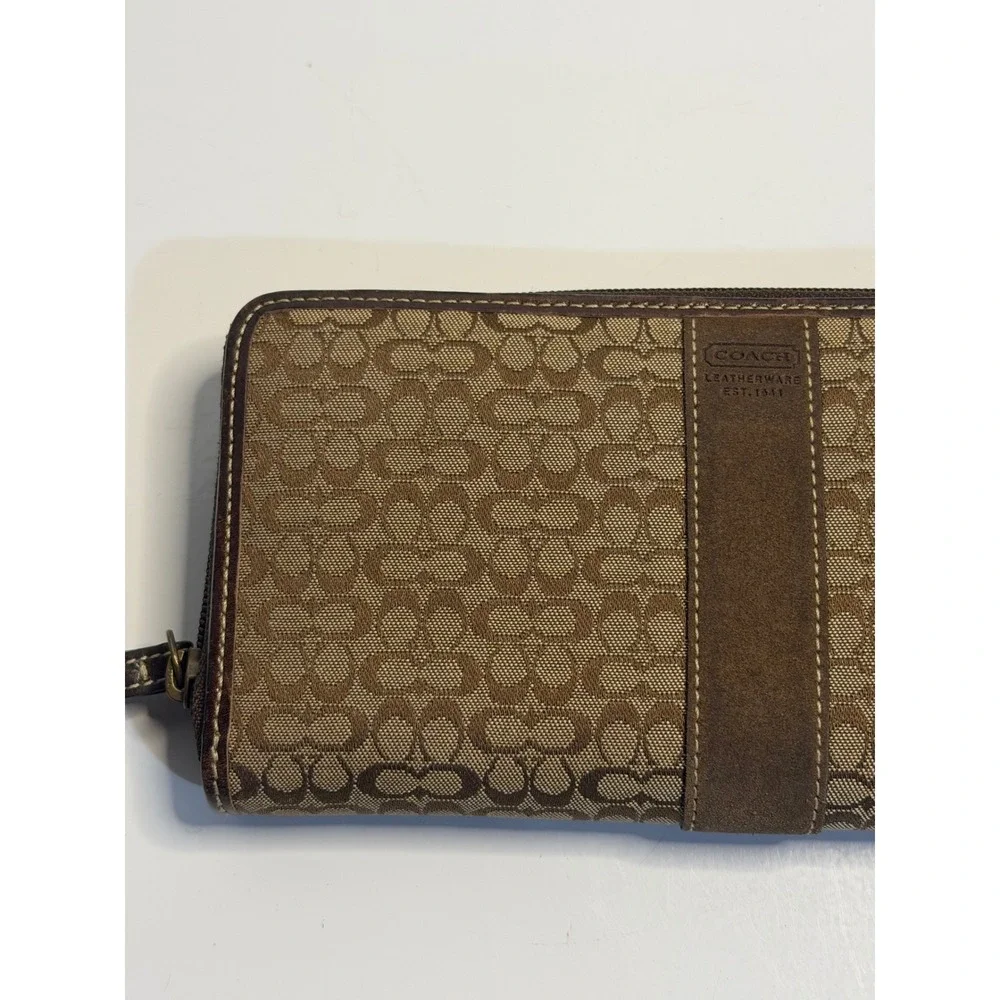 VTG Coach‎ Wallet Brown Signature Canvas Suede Trim Zip Around Accordion Clutch
